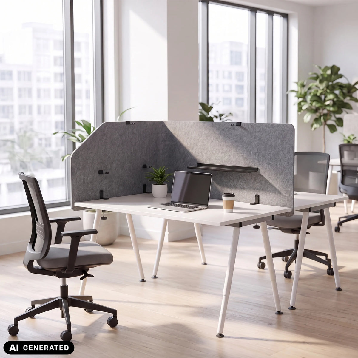 Grå bordopdeler FLEXMIUT T TOP med en længde på 160 cm på et hvidt skrivebord fra hjh OFFICE (AI-genereret billede)