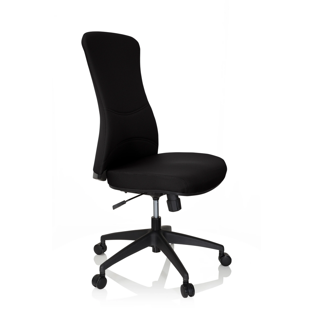 Schwarzer Profi-Bürostuhl OFFICE XT mit Fußkreuz und fünf Rollen von hjh OFFICE – 360-Grad-Ansicht (schräge Frontansicht 60°)