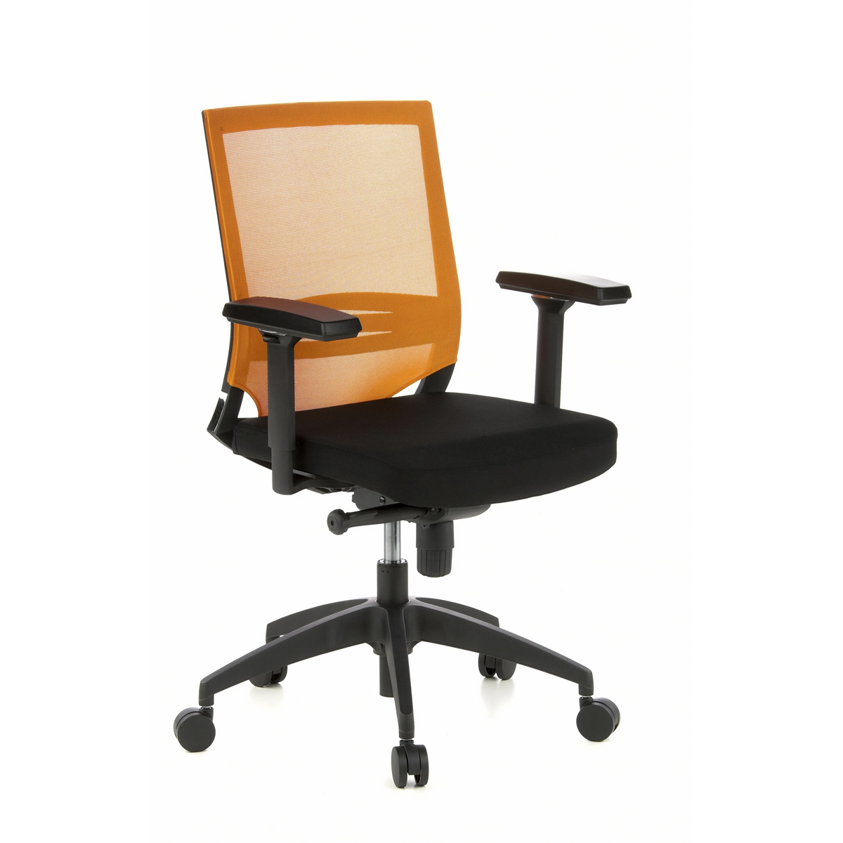 Sort-orange Professionel kontorstol PORTO BASE med netryg og femhjulet fodkryds fra hjh OFFICE – 360-graders visning (skråt forfra 40°)