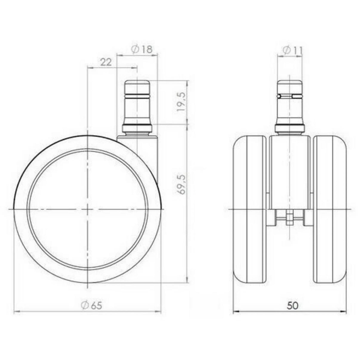 Teknisk tegning af Stolehjul 5x ROLO 11mm/65mm med en diameter på 65 mm fra hjh OFFICE