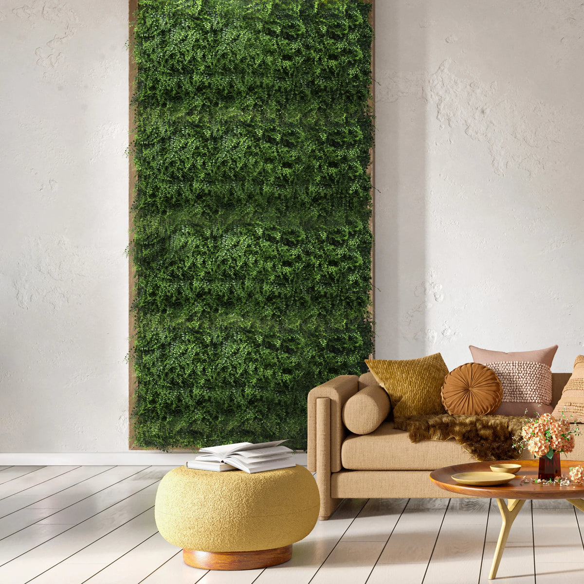 Grøn Plantemåtte LEAFLUXE 2 som vertikal vægdekoration i et opholdsområde fra hjh LIVING