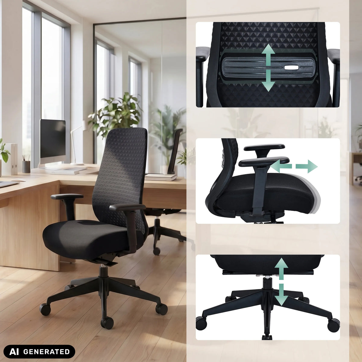 Højdejusterbare funktioner på den professionelle kontorstol Verviq i sort fra hjh OFFICE (AI-genereret billede)