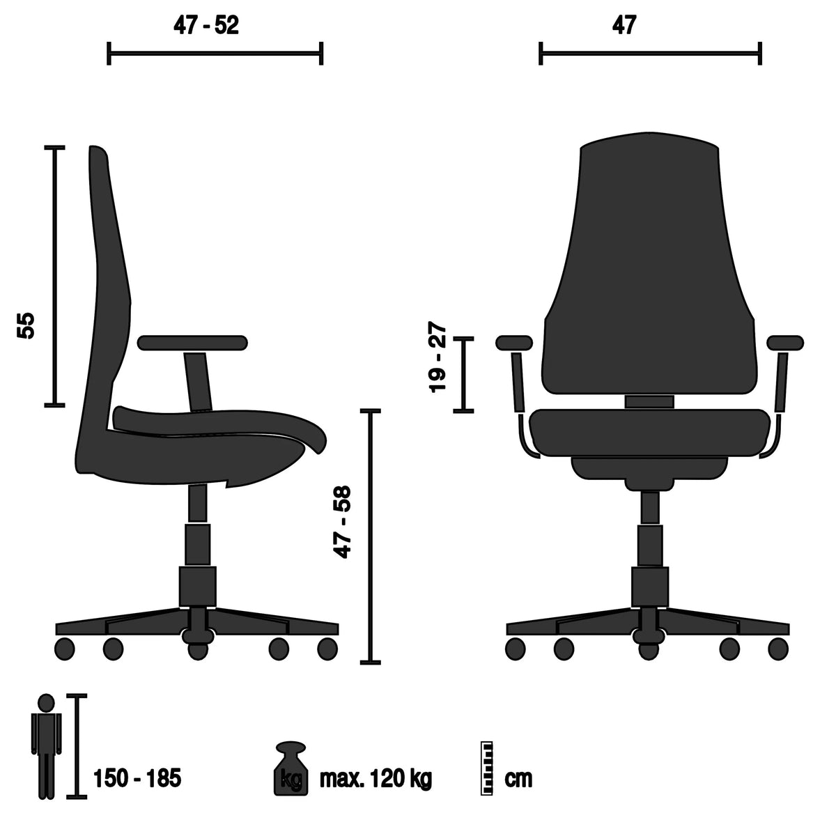 Technische Zeichnung des Profi-Bürostuhls ASTRA BASE N mit einer maximalen Belastbarkeit von 120 kg von hjh OFFICE