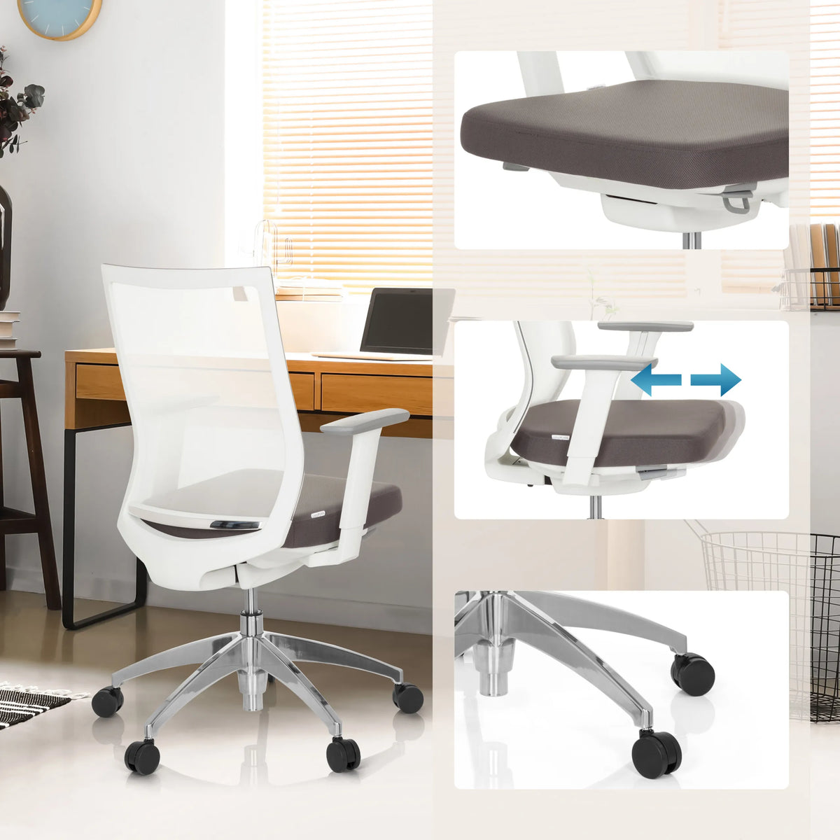 Hvid Professionel kontorstol ASPEN WHITE med gråt sæde, justerbare armlæn og hjul fra hjh OFFICE