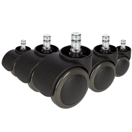 Fem sorte 5x ROLO 10mm/50mm Stolehjul til hårde gulve med sølvfarvede bolte fra hjh OFFICE