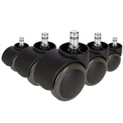 Fem sorte 5x ROLO 11mm/50mm Stolehjul til hårde gulve med sølvfarvede bolte fra hjh OFFICE