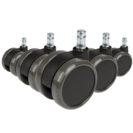 Fem sorte stolehjul 5x ROLO 11mm/65mm til hårde gulve med sølvfarvede bolte fra hjh OFFICE
