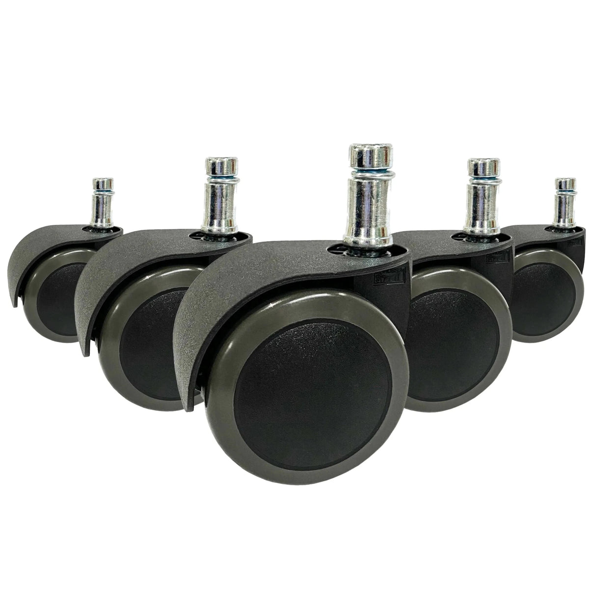 Fem sorte Stolehjul 5x ROLO EASY 11mm/50mm til hårde gulve med fastgørelsesstifter i metal fra hjh OFFICE
