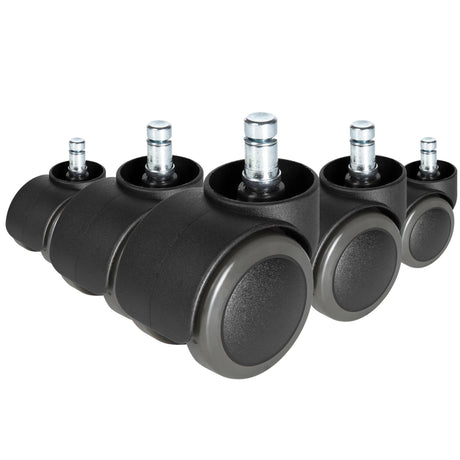 Fem sorte 5x ROLO FREE 10mm/50mm Stolehjul til hårde gulve med sølvfarvede bolte fra hjh OFFICE
