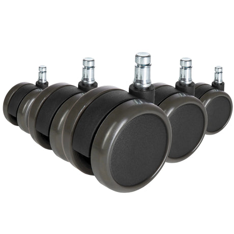 Fem sorte Stolehjul 5x ROLO FREE 10mm/65mm til hårde gulve med sølvfarvede metalstifter fra hjh OFFICE