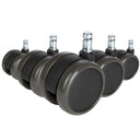 Fem sorte Stolehjul 5x ROLO FREE 11mm/65mm til hårde gulve med metalstifter fra hjh OFFICE