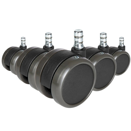 Fem sorte stolehjul 5x ROLO No-Noise 11mm/65mm til hårde gulve med sølvfarvede bolte fra hjh OFFICE