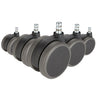 Fem sorte Stolehjul 5x ROLO No-Noise 11mm/75mm til hårde gulve med sølvfarvede metalstifter fra hjh OFFICE