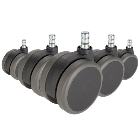 Fem sorte Stolehjul 5x ROLO No-Noise 11mm/75mm til hårde gulve med sølvfarvede metalstifter fra hjh OFFICE