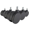 Fem sorte 5x ROLO No-Noise 11mm/75mm stolehjul til tæppegulve med sølvfarvede metalstifter fra hjh OFFICE