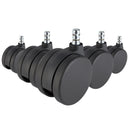 Fem sorte 5x ROLO No-Noise 11mm/75mm stolehjul til tæppegulve med sølvfarvede metalstifter fra hjh OFFICE