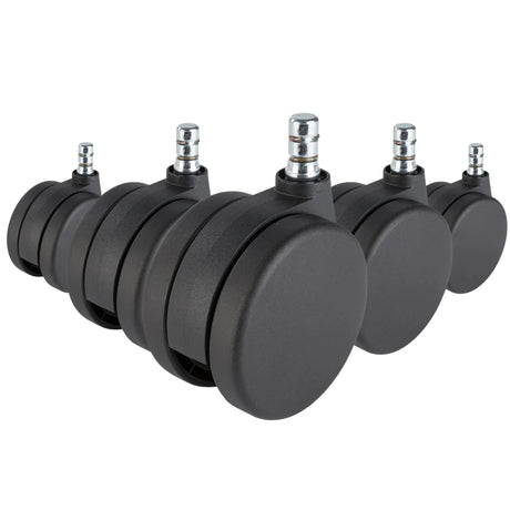 Fem sorte 5x ROLO No-Noise 11mm/75mm stolehjul til tæppegulve med sølvfarvede metalstifter fra hjh OFFICE
