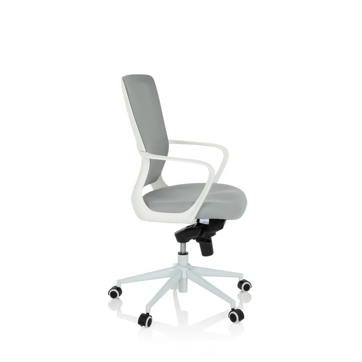 Grå Home Office kontorstol ESTRIA med netryg og femhjulet fodkryds fra hjh OFFICE – 360-graders visning (sideprofil 80°)
