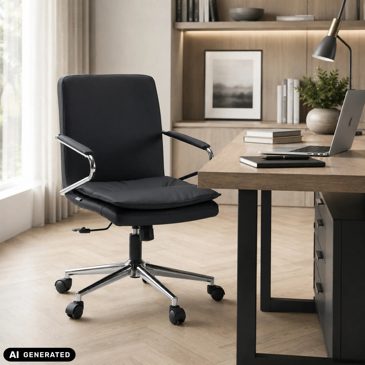 Sort Rovento Home Office kontorstol med armlæn og stjernefod på hjul fra hjh OFFICE (AI-genereret billede)