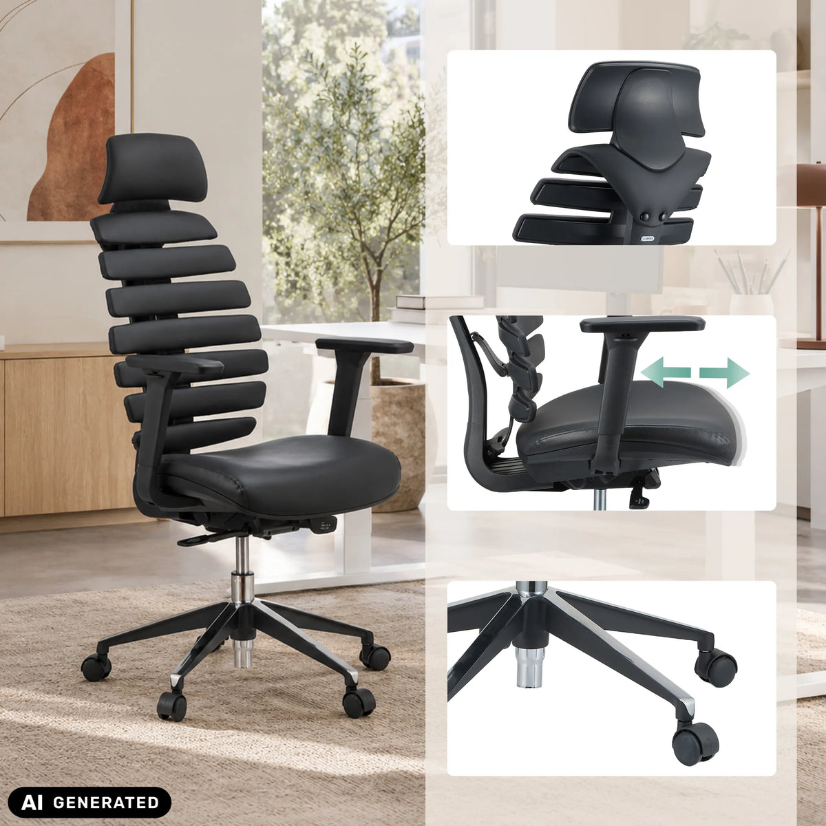 Sort professionel kontorstol ERGO LINE II PRO i læder med justerbare armlæn fra hjh OFFICE (AI-genereret billede)
