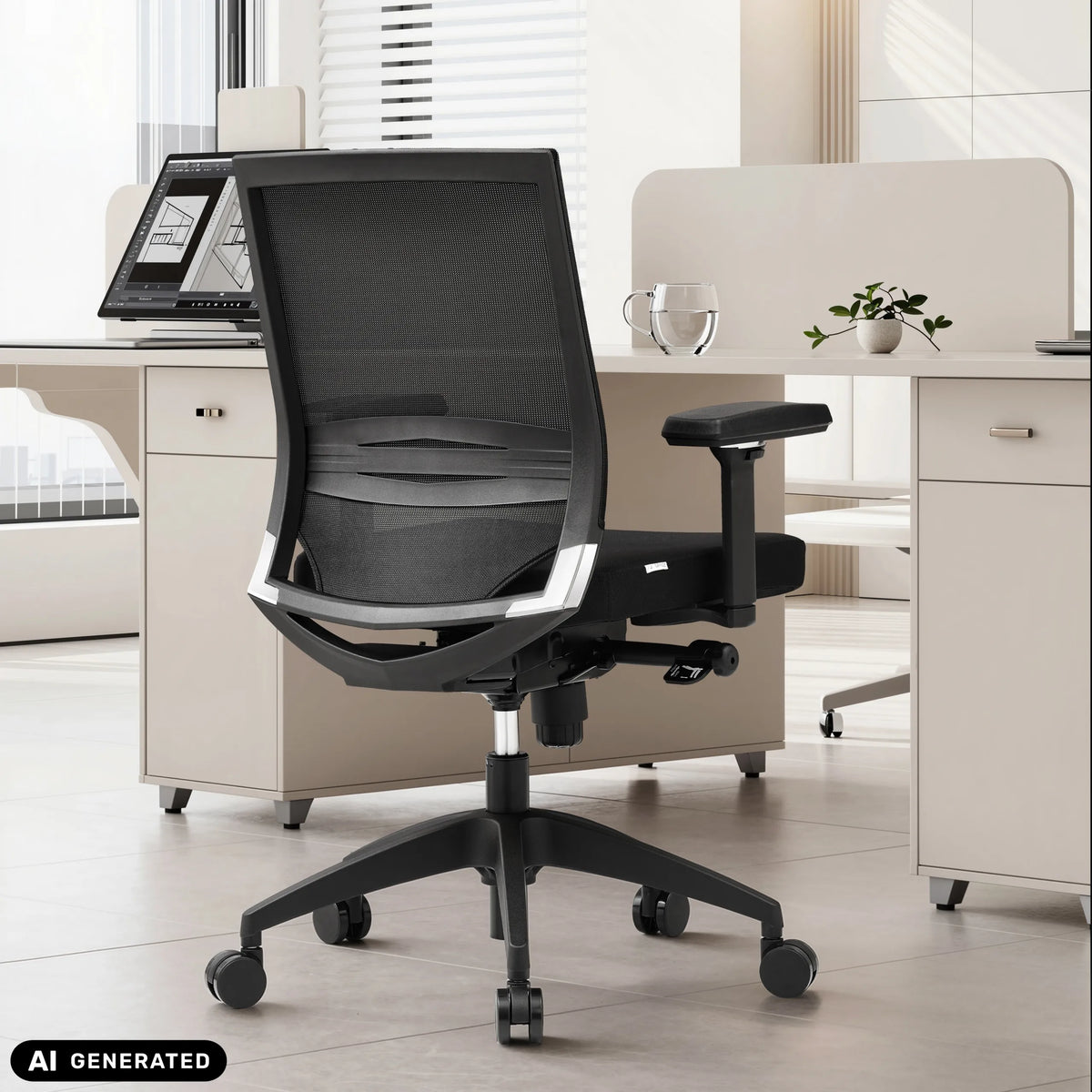 Sort professionel kontorstol PORTO BASE med netryglæn og armlæn fra hjh OFFICE (AI-genereret billede)