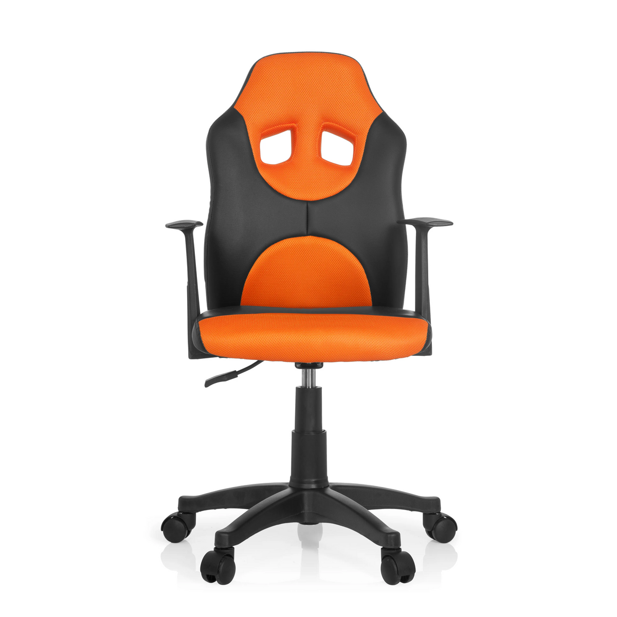 Schwarz-orangefarbener Kinderdrehstuhl KID GAME AL mit Netzrücken und Fußkreuz mit fünf Rollen von hjh OFFICE – 360-Grad-Ansicht (Frontansicht 0°)