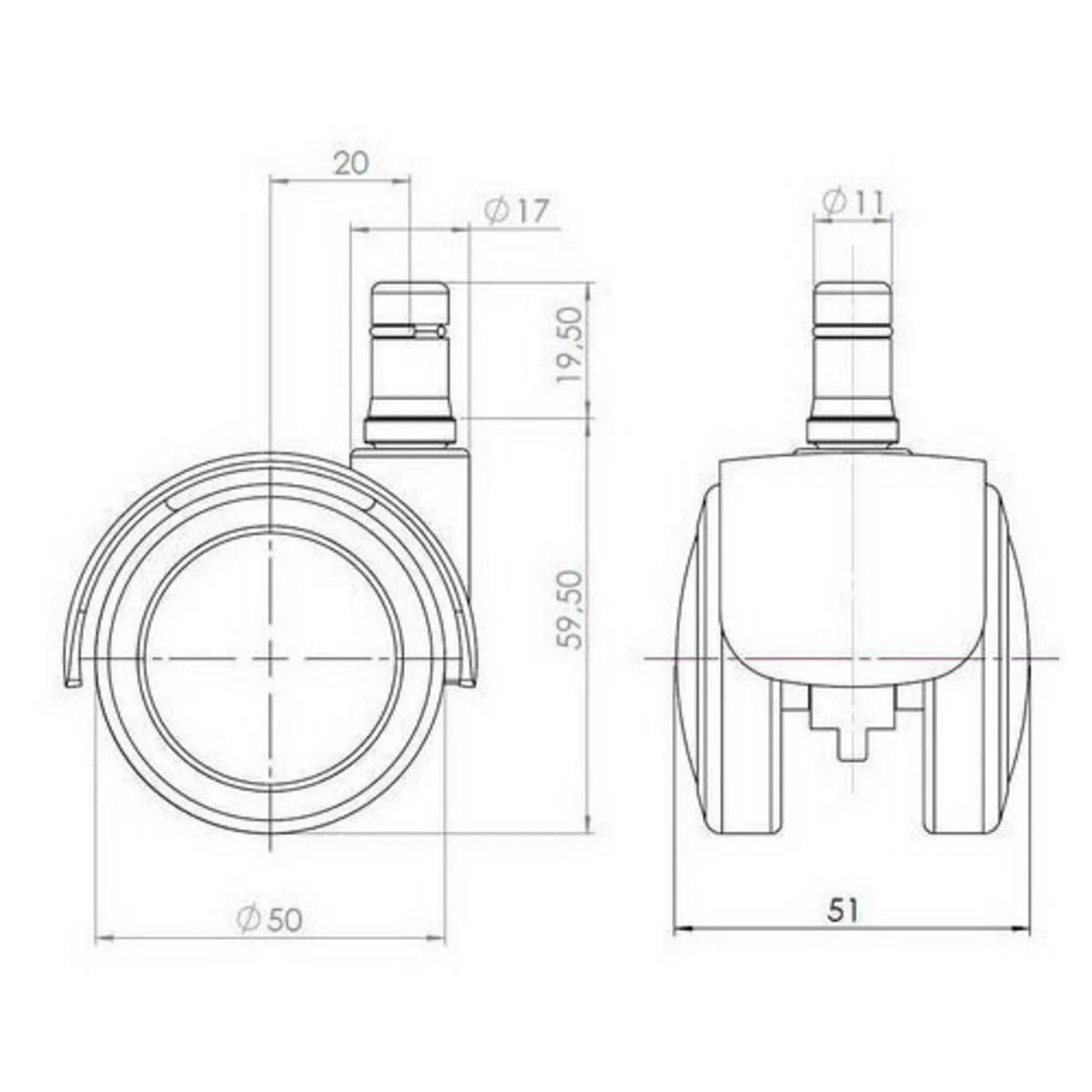 Teknisk tegning af Stolehjul 5x ROLO FIX 11mm/50mm med en diameter på 50 mm fra hjh OFFICE