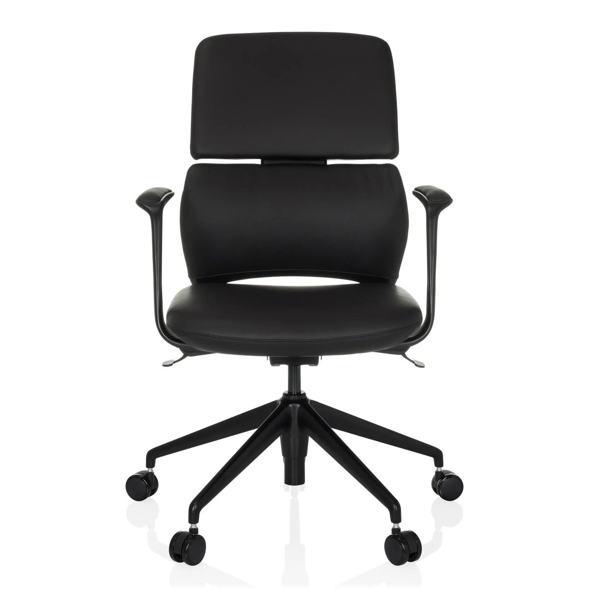 Schwarzer Profi-Bürostuhl ATMOS DESIGNER mit Armlehnen und Fußkreuz mit fünf Rollen von hjh OFFICE – 360-Grad-Ansicht (Frontansicht 0°)