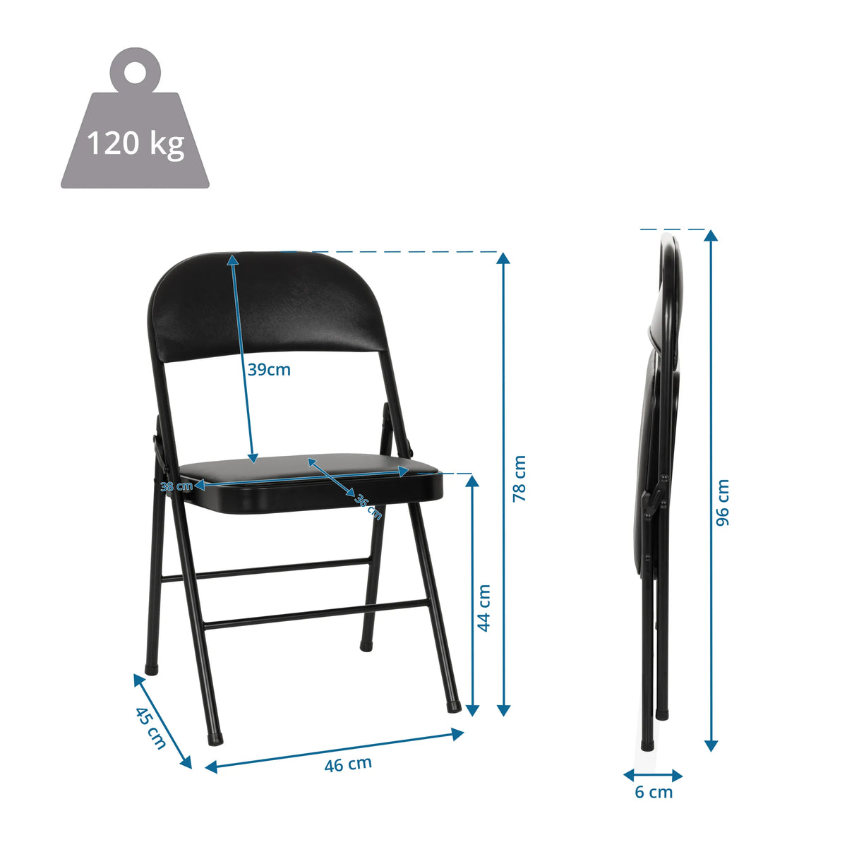 Måltegning af Klapstol TUDELA H med en samlet højde på 96 cm og en belastningskapacitet på 120 kg fra hjh OFFICE