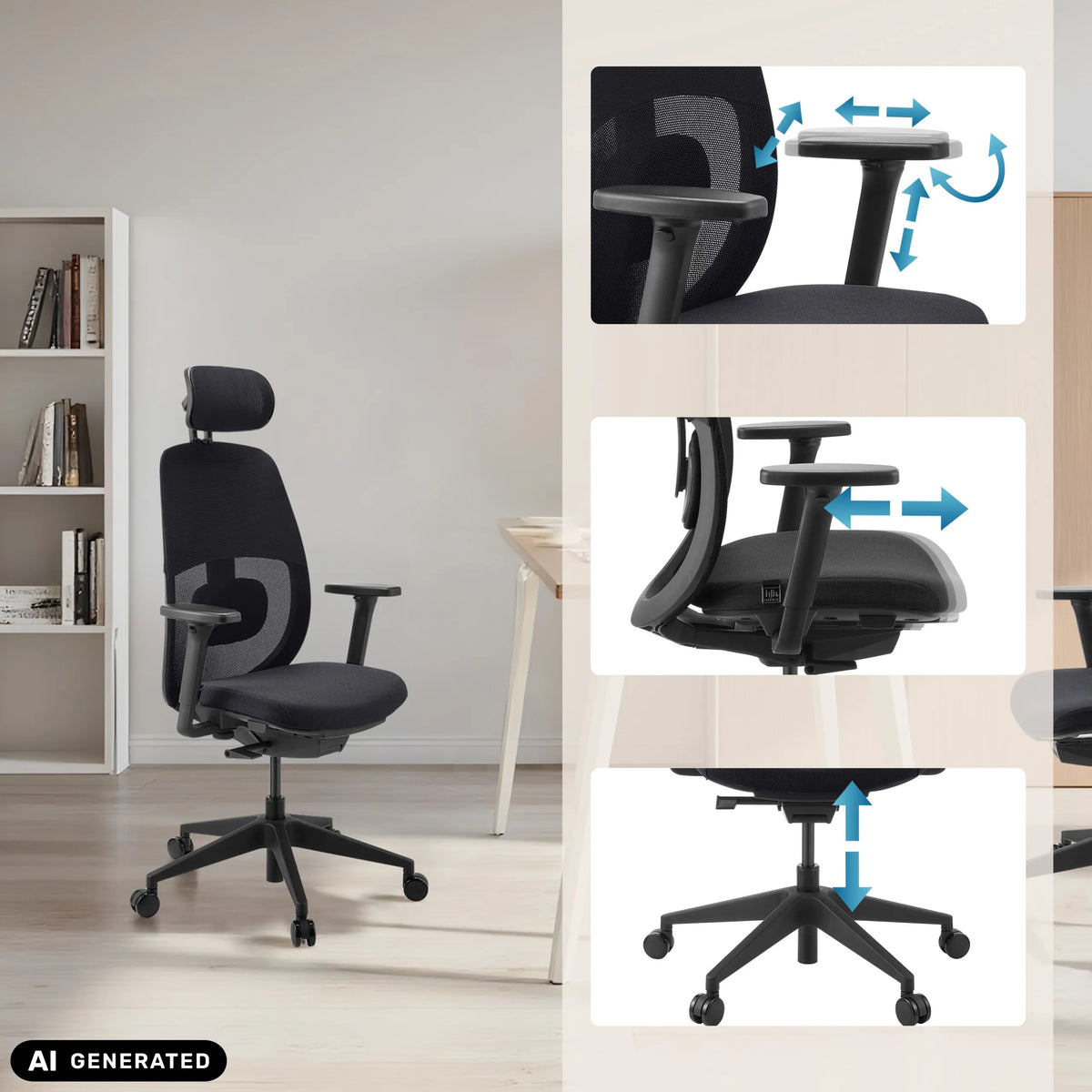 Justerbare armlæn og sædehøjde på den professionelle kontorstol Skandis Pro fra hjh OFFICE (AI-genereret billede)
