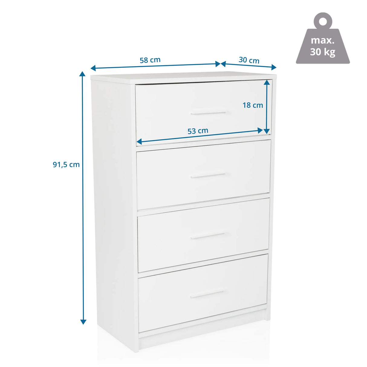Måltegning af Kommode ESTORIA med en højde på 91,5 cm og en bredde på 58 cm fra hjh LIVING