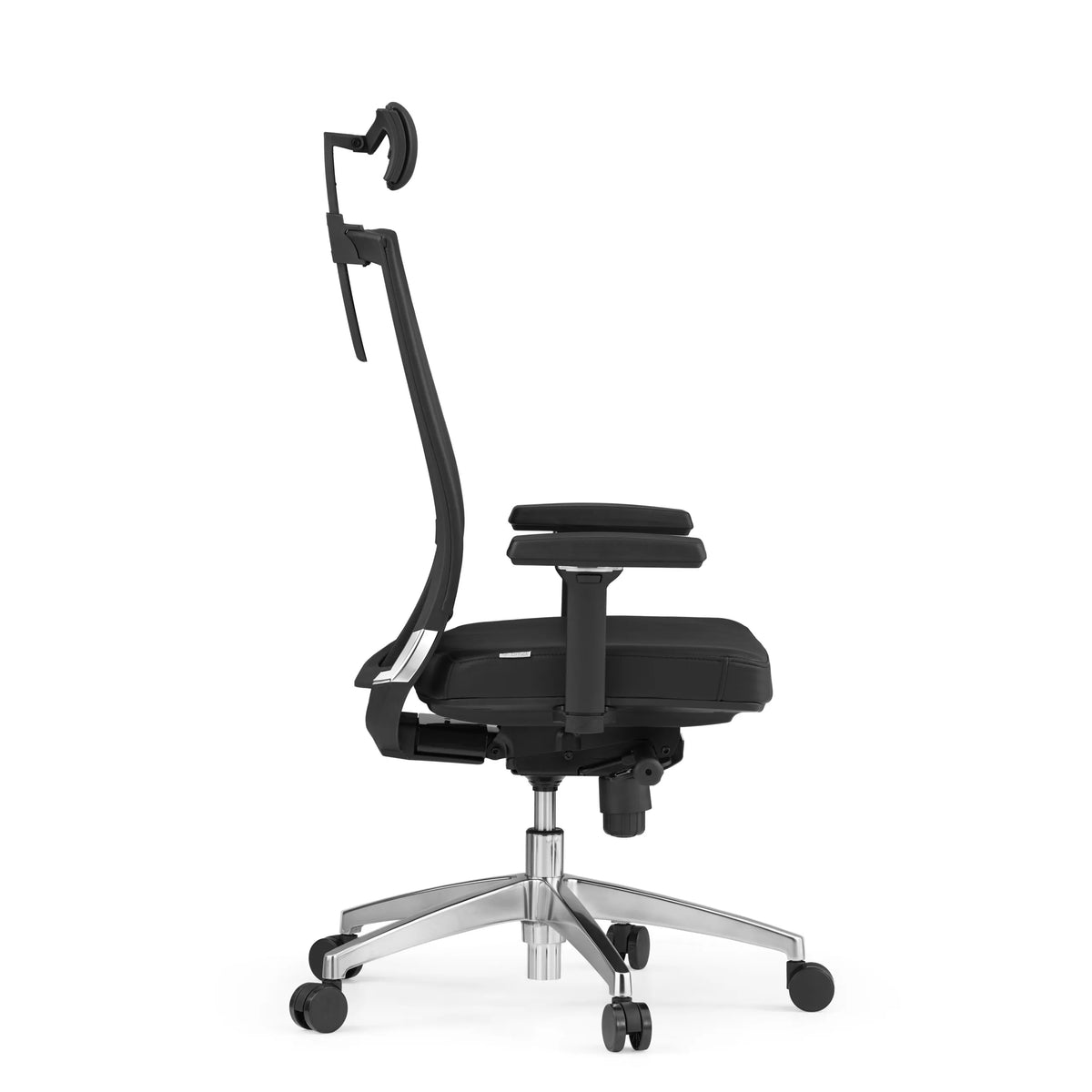 Sort Professionel kontorstol PORTO MAX HIGH i læder med nakkestøtte og femhjulet fodkryds fra hjh OFFICE – 360-graders visning (sideprofil 90°)