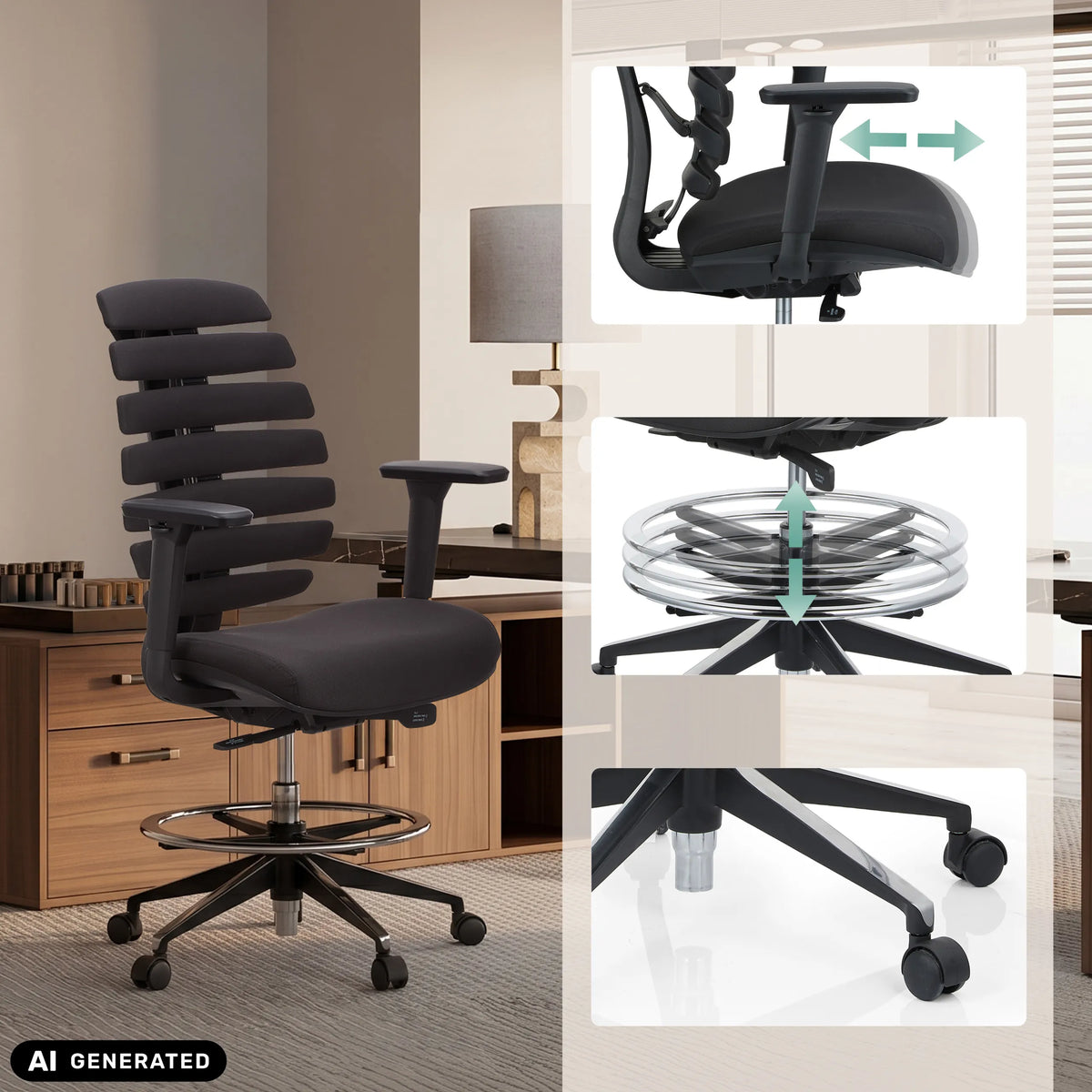 Verstellbare Armlehnen, Fußring und Rollen des Counterstuhls ERGO LINE II WORK in Schwarz von hjh OFFICE