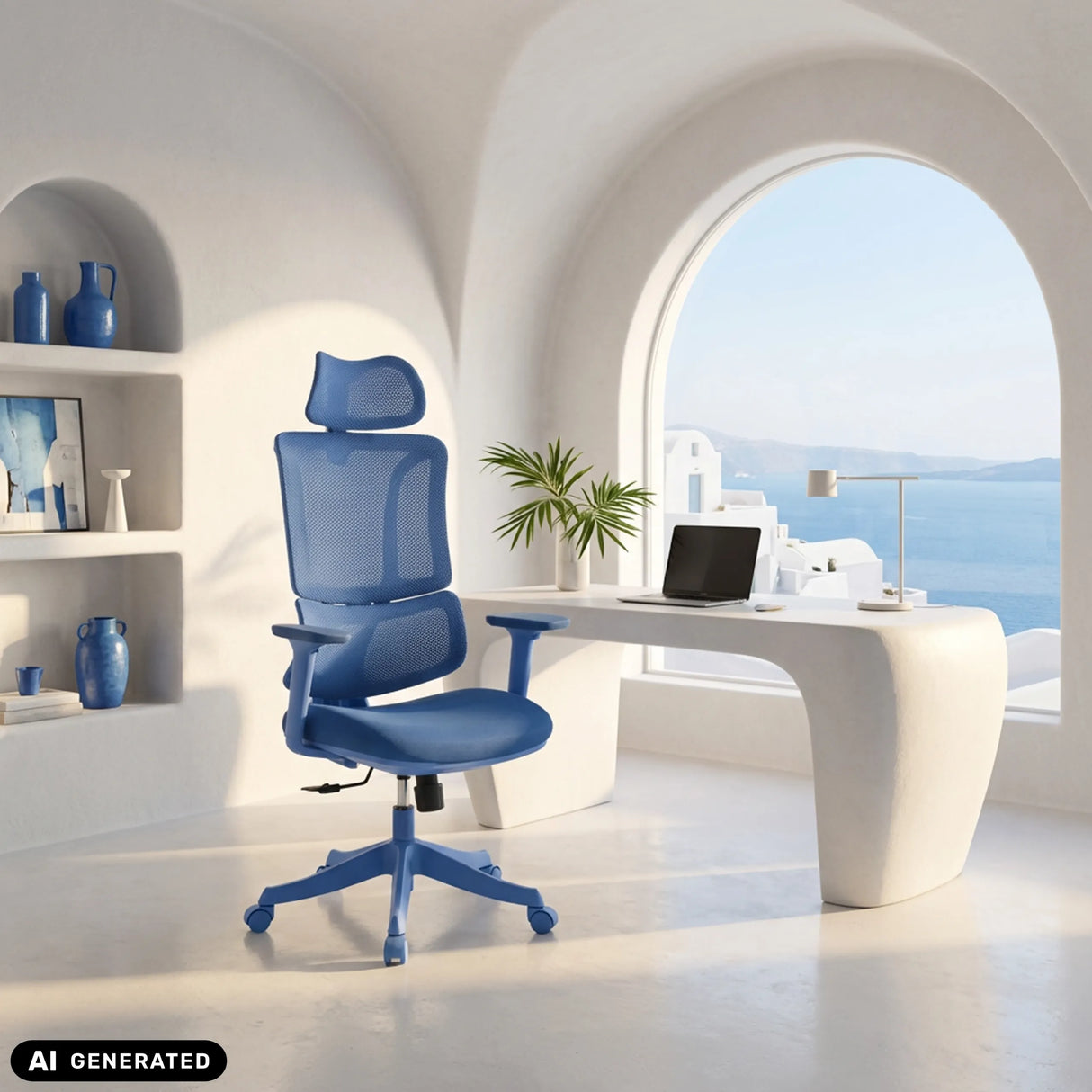 Blå Ergomy Colore Home Office kontorstol med netryg og nakkestøtte fra MyBuero (AI-genereret billede)