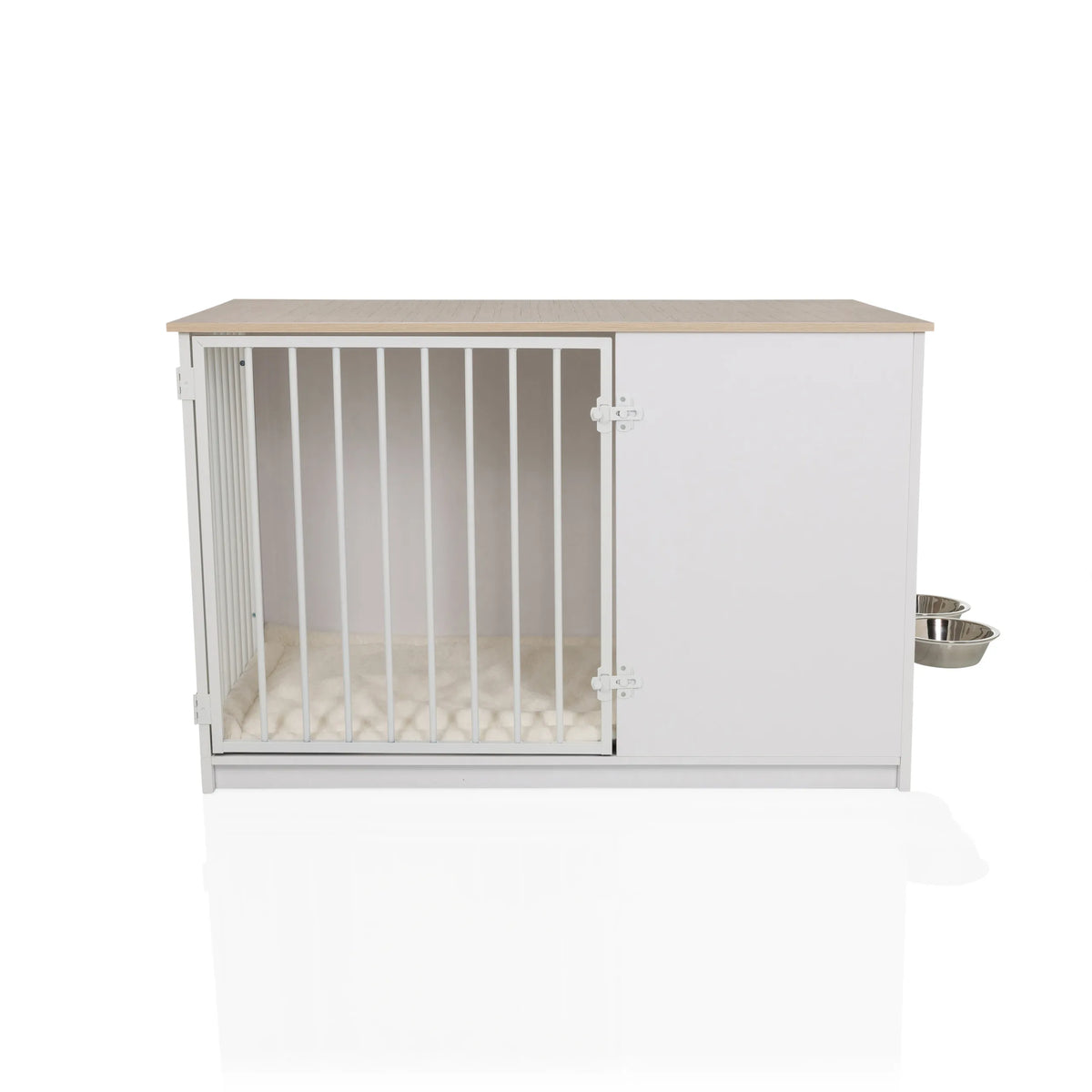 Weiße Hundebox PAWHOME XL mit Gittertür, Holzplatte in Eicheoptik und integrierten Näpfen von hjh LIVING – 360-Grad-Ansicht (Frontansicht 0°)