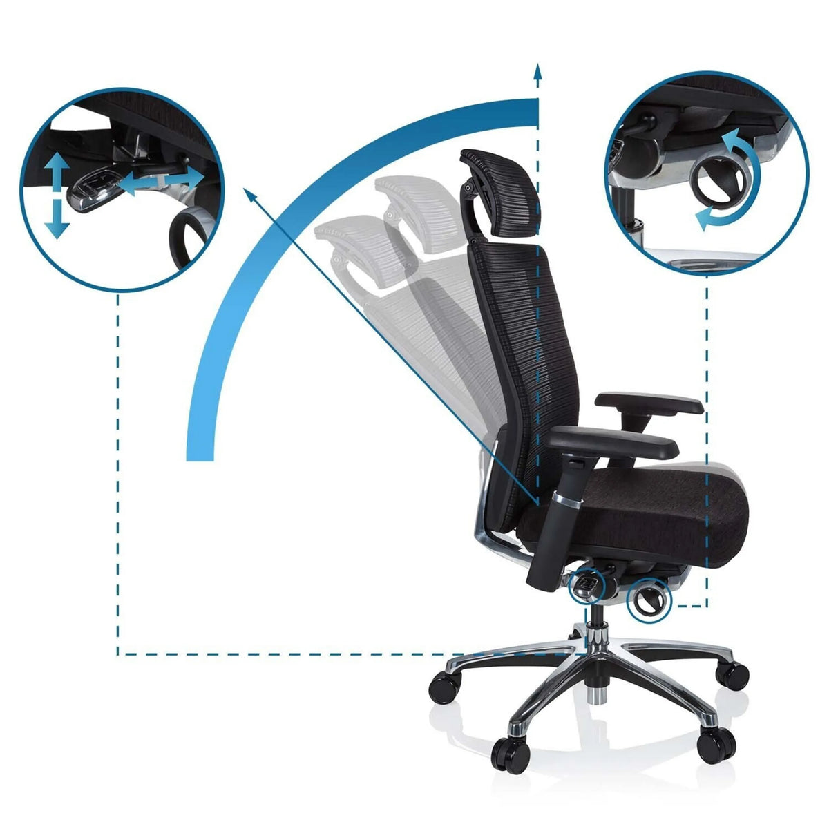 Justeringsmekanismer for ryglæn og sædehøjde på High End kontorstol NOVA PRO I fra hjh OFFICE