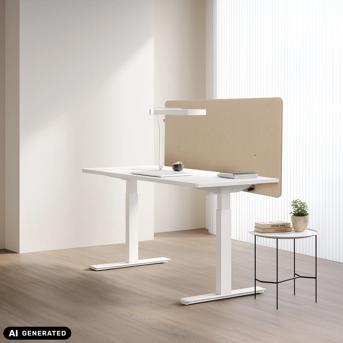 Beige bordopdeler FLEXMIUT D1 på et hvidt skrivebord fra hjh OFFICE (AI-genereret billede)