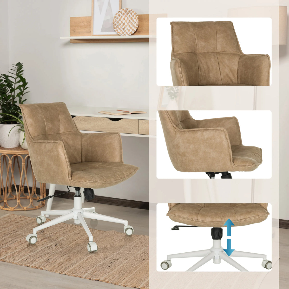 Beige Home Office kontorstol SOLAO LIFE W med højdejusterbart sæde og hvidt fodkryds fra hjh LIVING