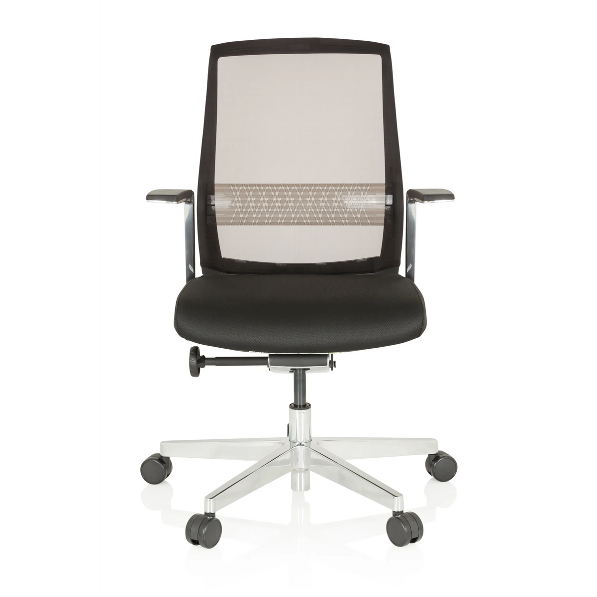 Sort High End kontorstol FOUNTAINE PRO med netryg og femstjernet fodkryds med hjul fra hjh OFFICE – 360-graders visning (forfra 0°)
