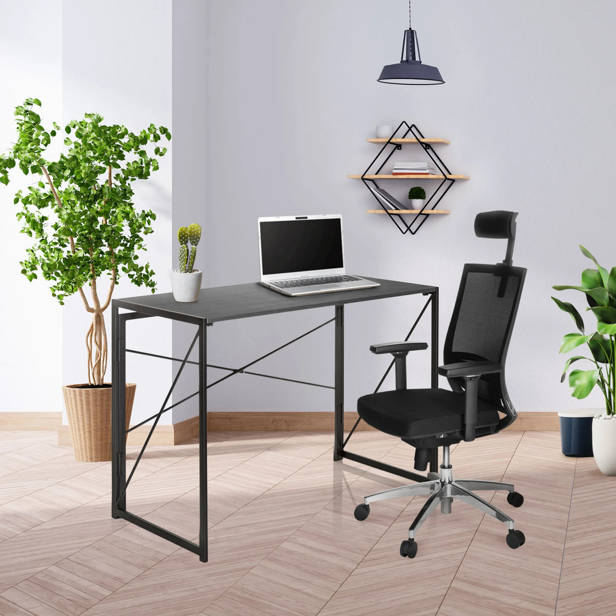 Sort klapskrivebord EASY UP MULTI i målene 100 x 50 cm med en bærbar computer fra hjh OFFICE