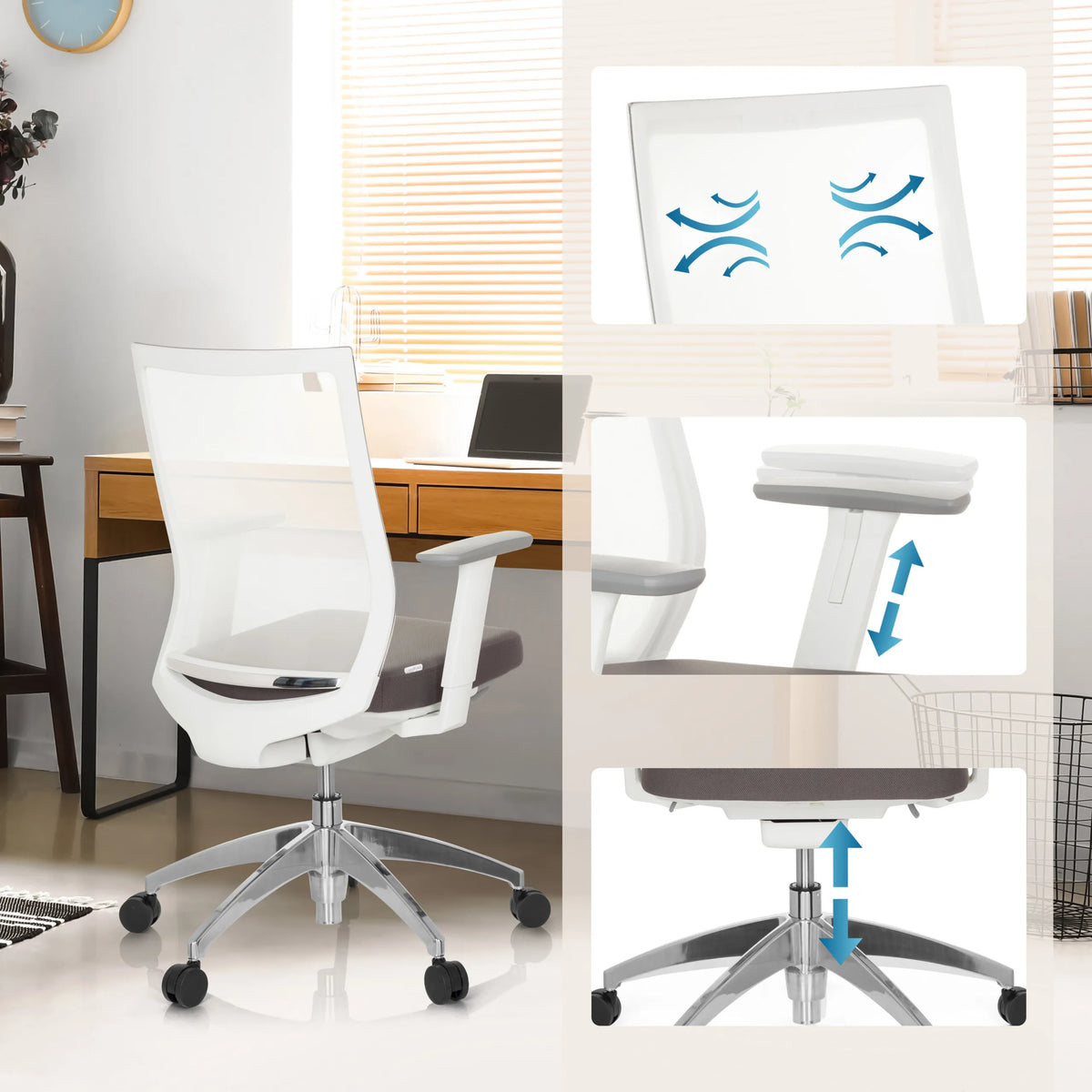 Atmungsaktive Rückenlehne, höhenverstellbare Armlehnen und Gasfeder des Profi-Bürostuhls ASPEN WHITE von hjh OFFICE