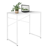 Hvidt Skrivebord EASY UP H I med metalstel, en bærbar computer og en plante fra hjh OFFICE