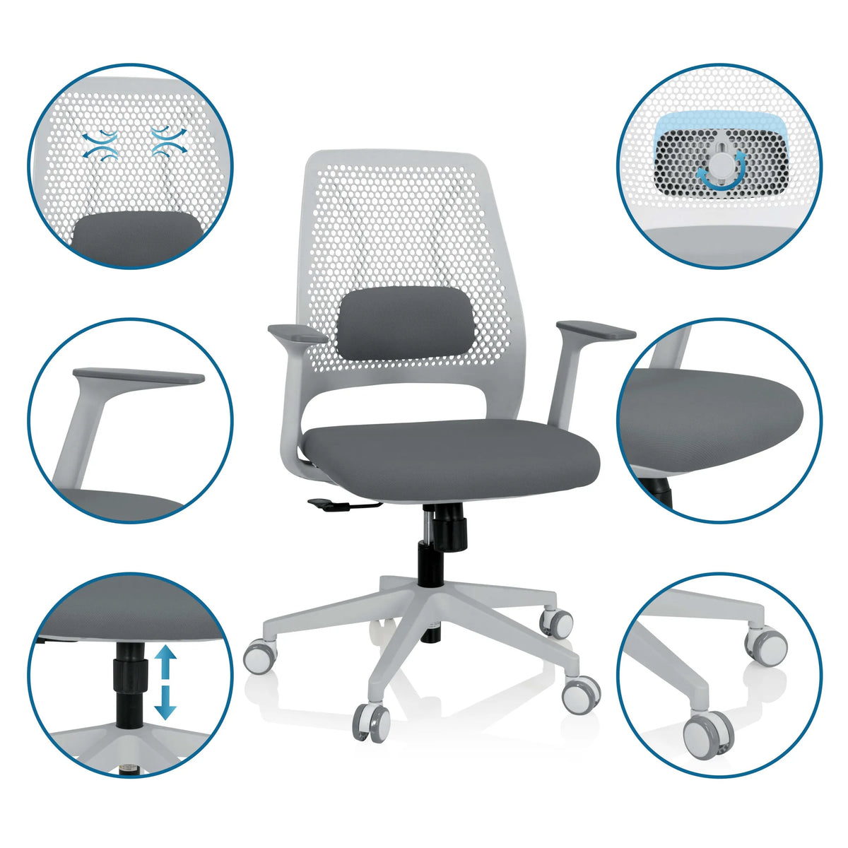 Grå Home Office kontorstol PARFERIO W med netryg, armlæn og hjul fra hjh OFFICE