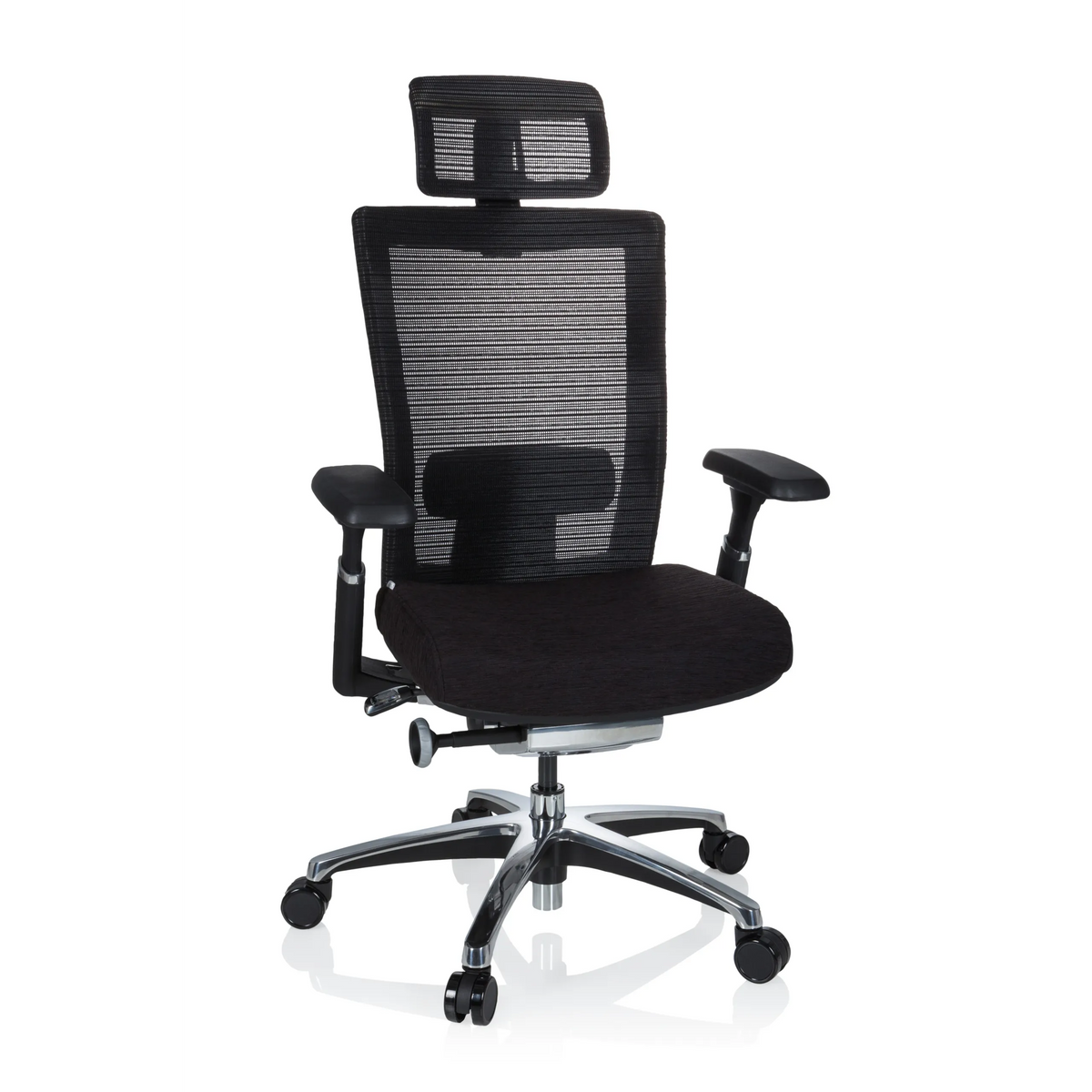 Sort High End kontorstol NOVA PRO I med netryg og femstjernet fodkryds med hjul fra hjh OFFICE – 360-graders visning (forfra 20°)