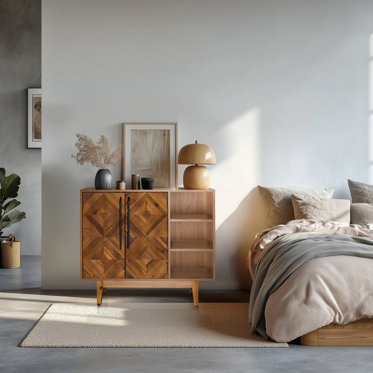Kommode SANTJAGO WOOD L i mørkebrunt træ med geometrisk mønster og åbne hylder fra hjh LIVING