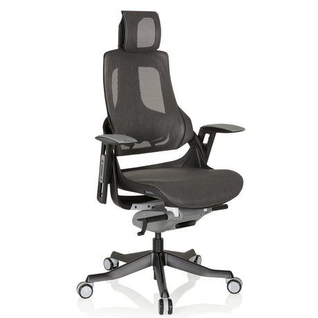 Professionel kontorstol SPEKTRE BLACK med grå-sort netbetræk og nakkestøtte fra hjh OFFICE