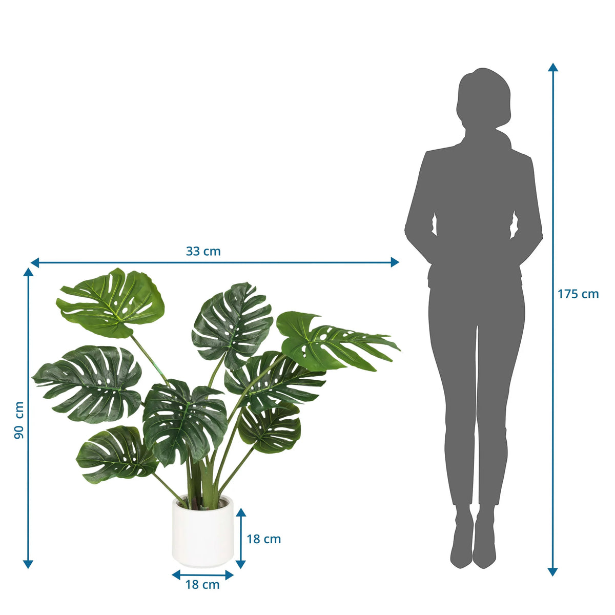 Måltegning af den Kunstige plante MONSTERA I med en højde på 90 cm og bredde på 33 cm fra hjh OFFICE