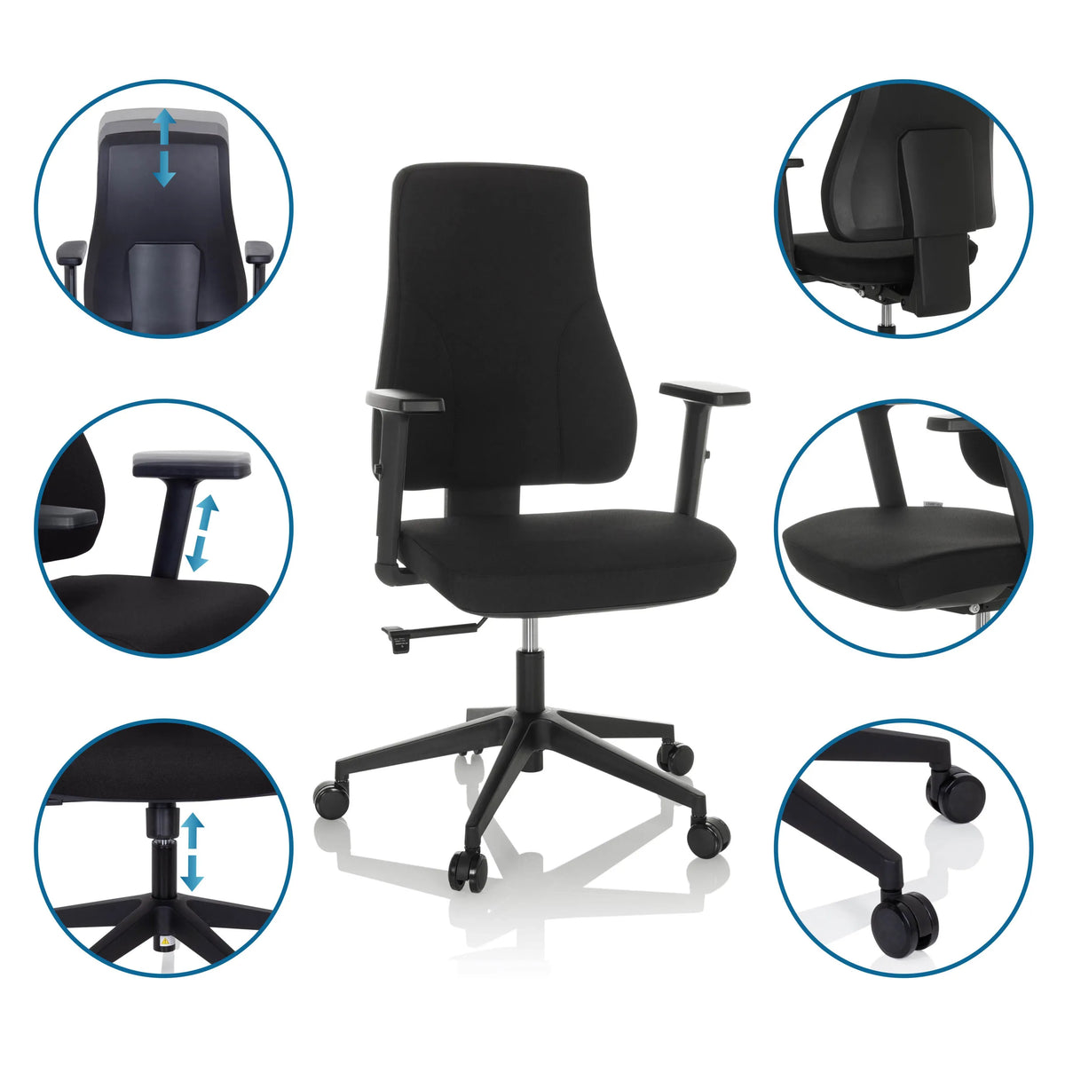 Verstellbare Funktionen des Profi-Bürostuhls MATHES in Schwarz von hjh OFFICE