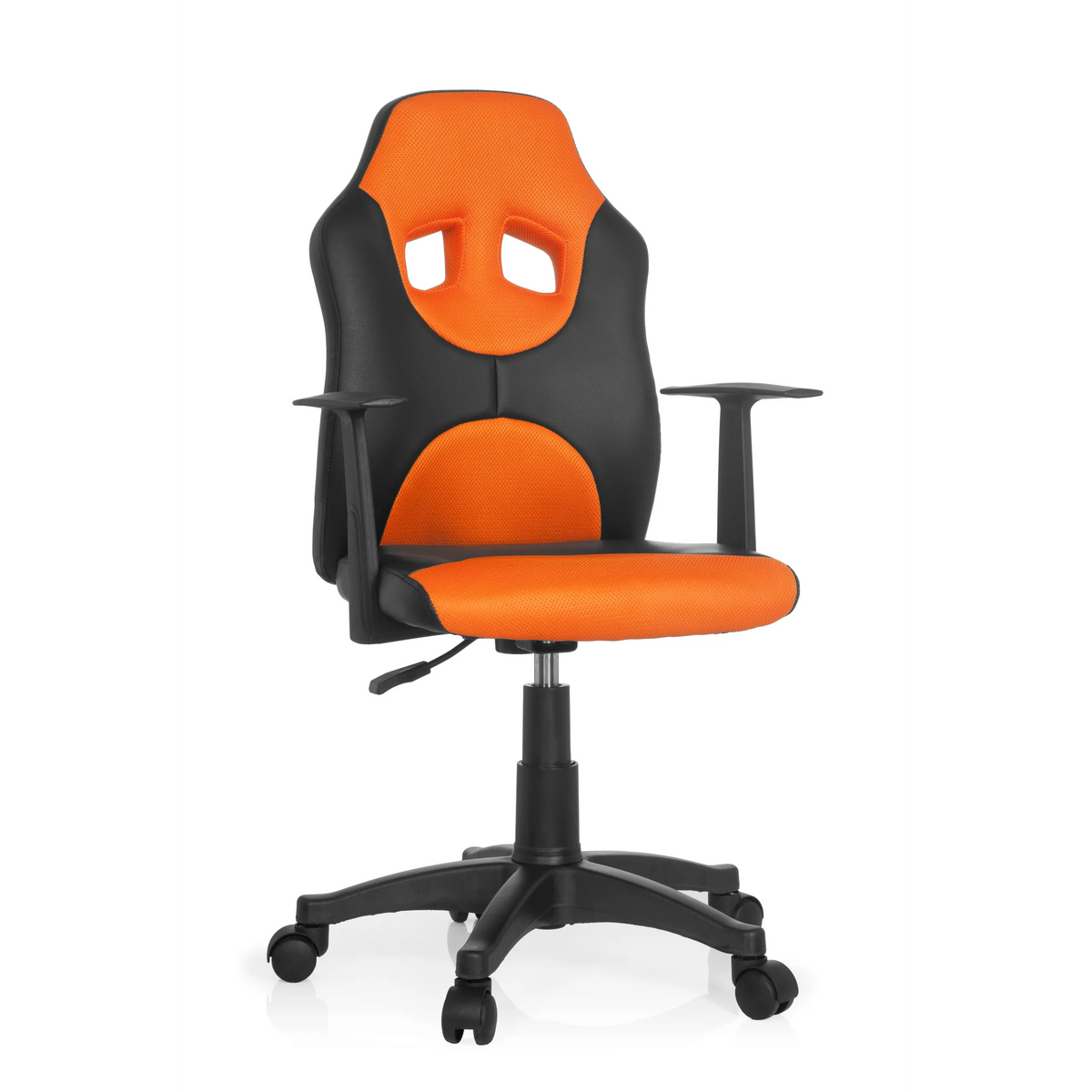 Sort-orange Snurrestol til børn KID GAME AL med netryg og femhjulet fodkryds fra hjh OFFICE – 360-graders visning (forfra 20°)