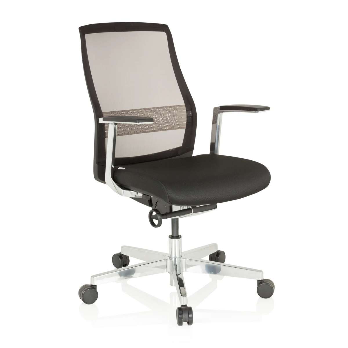 Sort High End kontorstol FOUNTAINE PRO med netryg og femstjernet fodkryds med hjul fra hjh OFFICE – 360-graders visning (skråt forfra 40°)